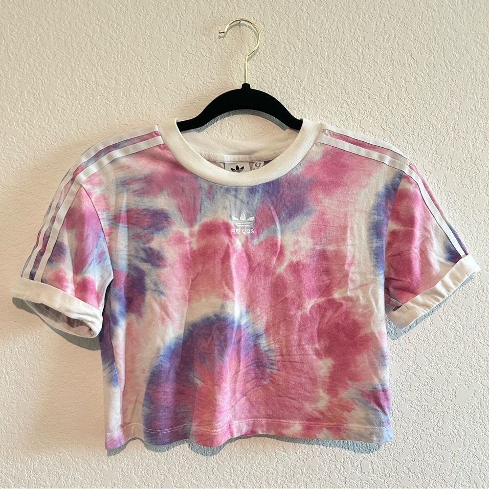 Adidas Tie Dye Cropped Tee TShirt Cotton Candy Swirl Pink Purple HF4504 Cotton